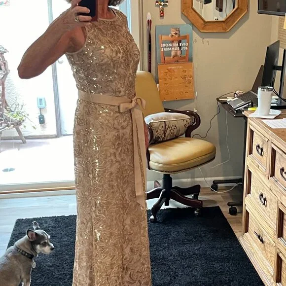 Betsy Adams Dresses | Betsy Adams Sleeveless Sparkly Long Evening Gown | Color: Cream/Gold | Size: XL | Gerin22003'S Closet
